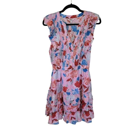 Bb Dakota Steve Madden On The Ruffle Split Neck Pleated Mini Dress Pink Multi Wo - Picture 1 of 6